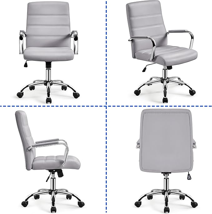 Yaheetech Mid-Back Office Chair with Arms Swivel PU Leather Height Adjustable Office Executive Chair, Light Gray