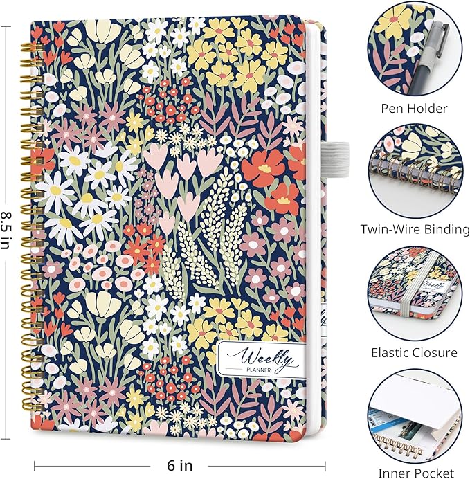 Undated Weekly Planner, Weekly To Do List Notebook with Goal & Habit Tracker Organizer, A5 Weekly Planner Notebook with Spiral Binding, 6.1" x 8.2" - Petite Blooms