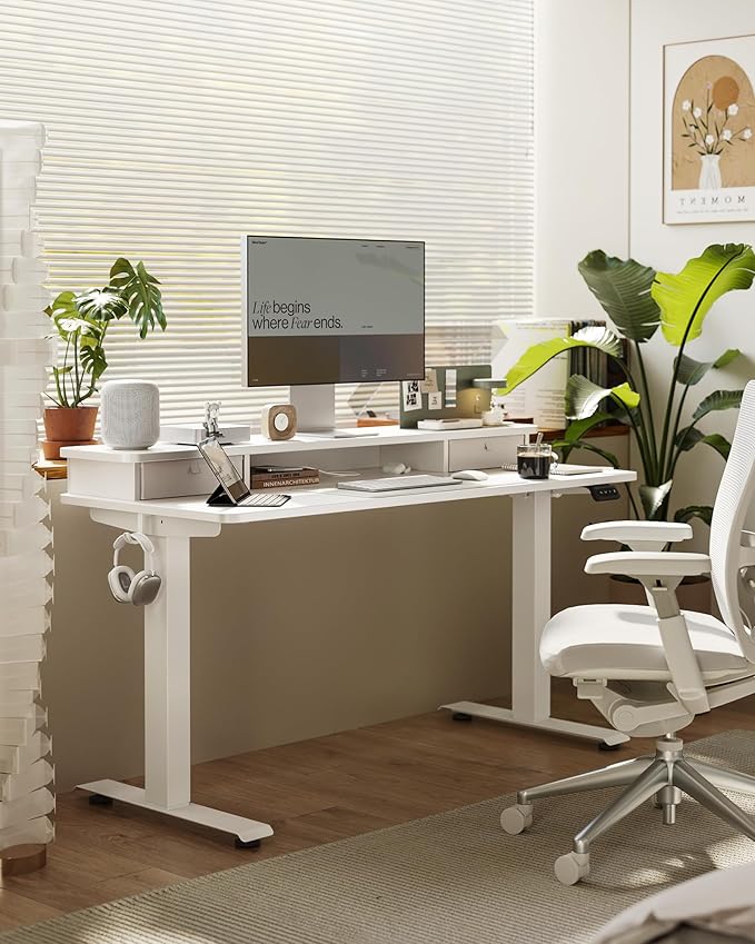 FEZIBO 55 x 24 Inch Height Adjustable Electric Standing Desk with Double Drawer, Computer Desk, Home Office Stand Up Table with 4 Height-Adjustable Feets & 2 Hooks, White