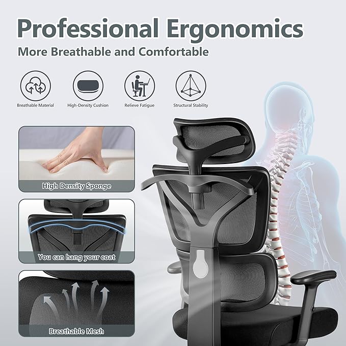 Winrise Office Chair Ergonomic Desk Chair, High Back Gaming Chair, Big and Tall Reclining Comfy Home Office Chair Lumbar Support Breathable Mesh Computer Chair Adjustable Armrests (Black)