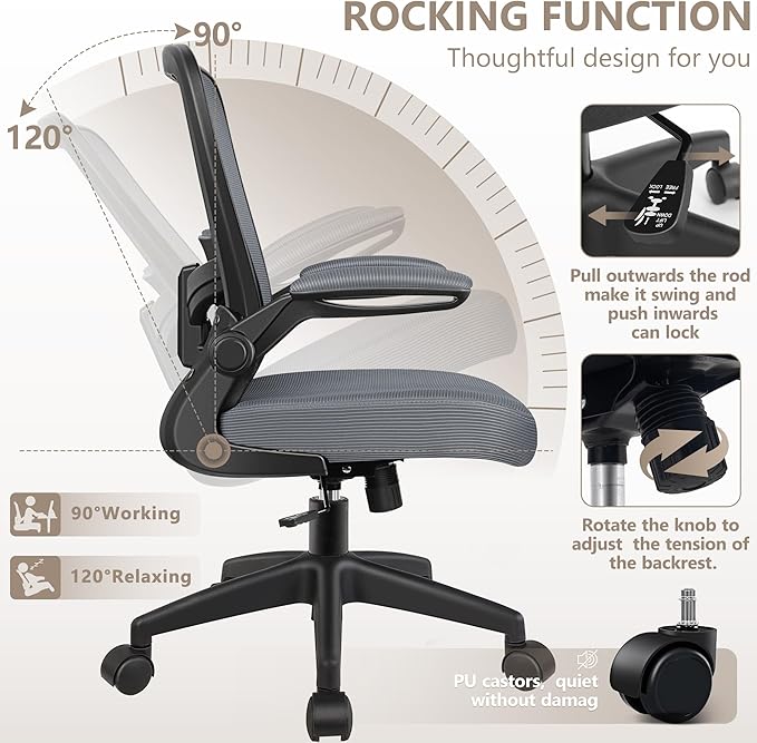 FelixKing Office Chair, Ergonomic Desk Chair Breathable Mesh Chairs Adjustable High Back Lumbar Support Flip-up Armrests, Executive Rolling Swivel Comfy Computer Chairs Home Office Slate Gray