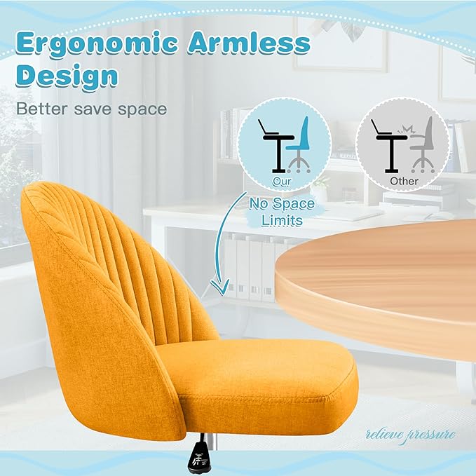 Furniwell Office Chair Armless Cute Desk Chair Modern Adjustable Swivel Padded Fabric Vanity Task Computer Chair Home Office Desk Chairs with Wheels (Yellow)