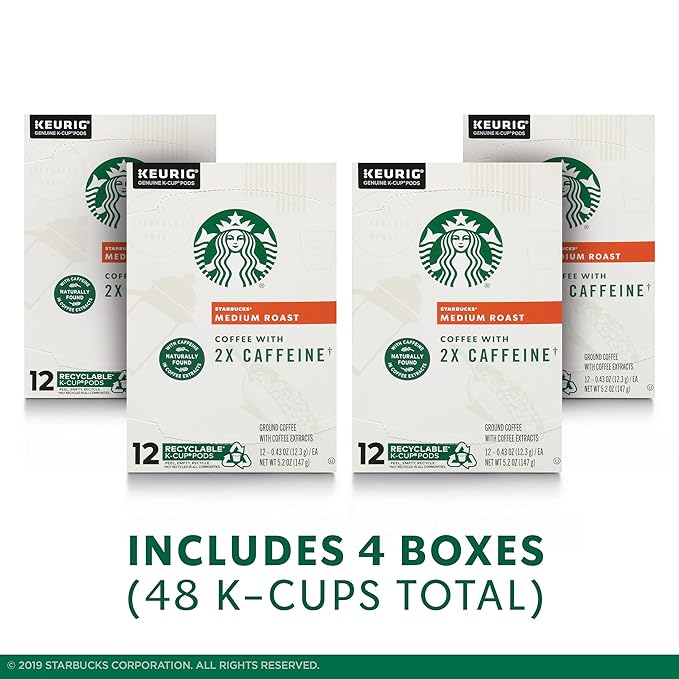 Starbucks Medium Roast K-Cup Coffee Pods with 2X Caffeine, for Keurig Brewers, 4 boxes (48 pods total)