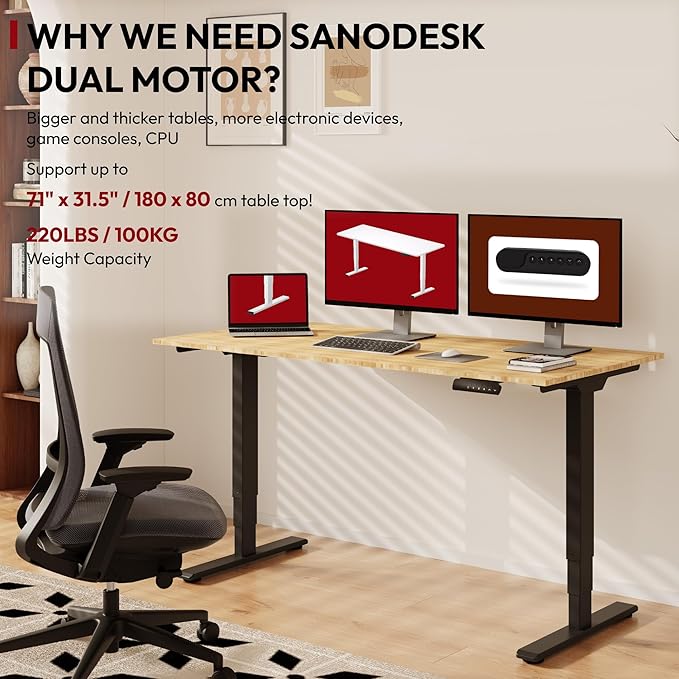 Standing Desk with Dual Motor, 3-Stage Lifting Column, Handset with 3 Preset and Sit-Stand Reminder - 60 inch Whole Piece Real Bamboo/Black Frame, Height Adjustable Desk for Home and Office