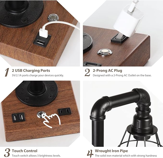 Industrial Touch Control Table Lamp, LED Bulb Included, 3 Way Dimmble Lamp with 2 USB Ports and AC Outlet, Bedside Nightstand Desk Lamps with Metal Cage Shade for Bedroom Living Room Farmhouse