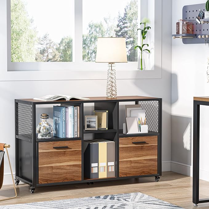 Tribesigns 2 Drawer Wood File Cabinets, Modern Mobile Lateral Filing Cabinet for Letter/ A4 Size, Printer Stand with Open Storage Shelves and Drawer for Home Office, Rustic Walnut