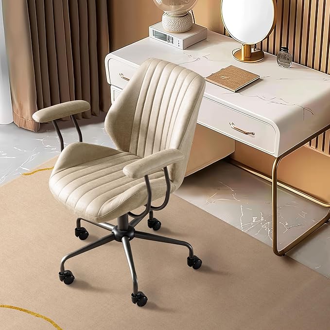Mid Century Modren Office Chair,Mid Back Ergonomic Executive Chair with Lumbar Support, Computer Desk Swivel Task Chair with Wheels, Faux Lether Suede Fabric Home Chair (Beige)