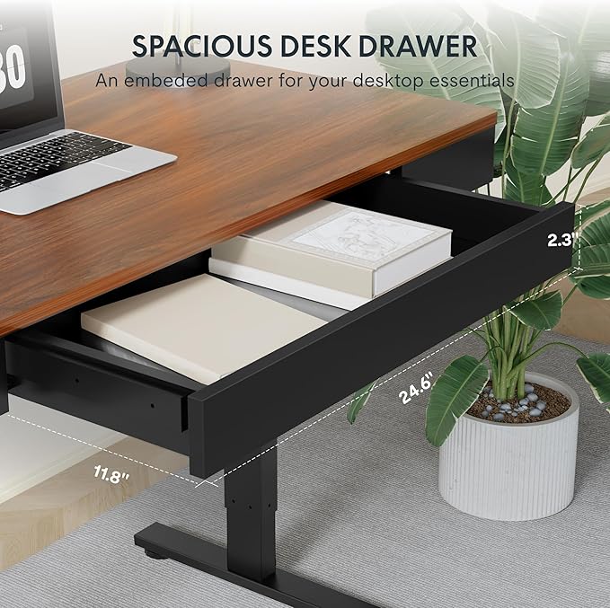 SANODESK Electric Standing Desk with Drawer, 48 x 24 inch Height Adjustable Computer Desk, Home Office Stand Up Desk with 4 Preset Heights, Dark Walnut