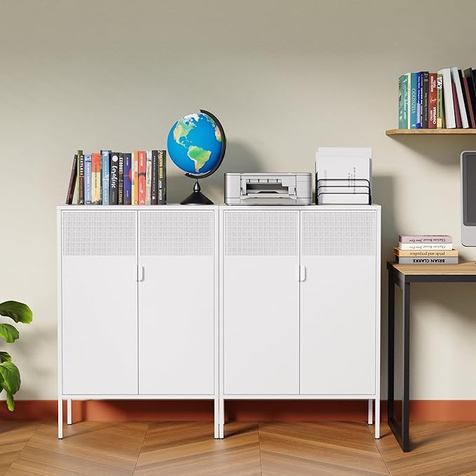 2 Door Accent White Metal Storage Cabinet with Adjustable Shelves and Air Vent Doors, 3 Tier Metal Sideboard Cabinet for Home, Office, Entryway, Hallway, Assembly Required, (LC-WGG-W)