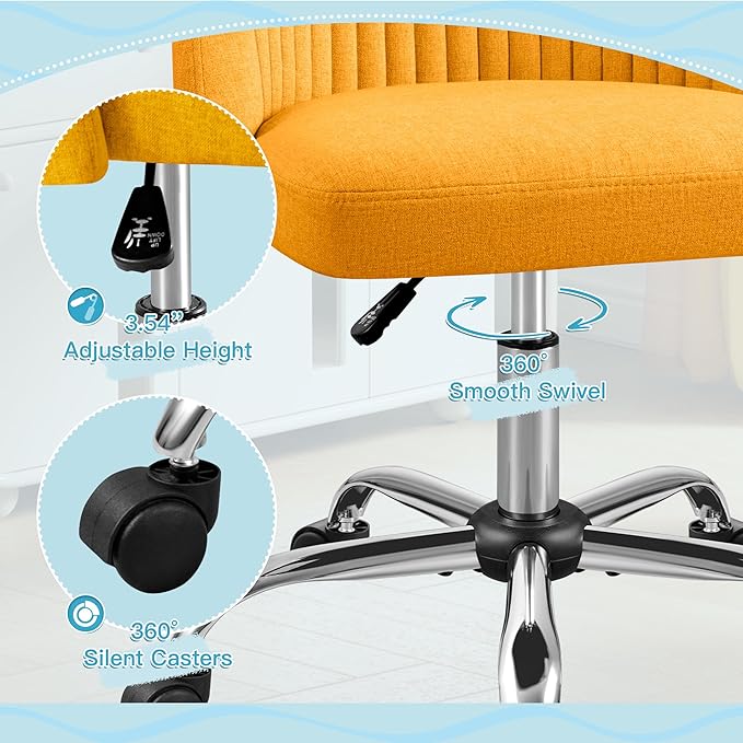 Furniwell Office Chair Armless Cute Desk Chair Modern Adjustable Swivel Padded Fabric Vanity Task Computer Chair Home Office Desk Chairs with Wheels (Yellow)