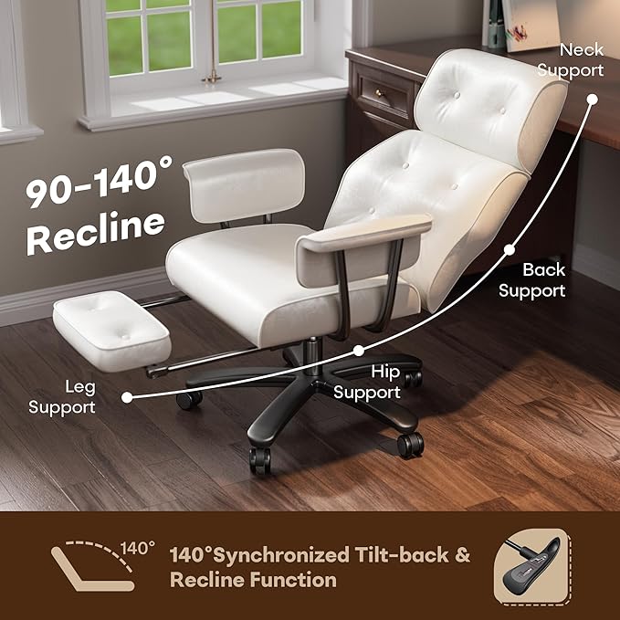 Reclining Office Chair with Footrest, Big and Tall Office Desk Chair 400lbs Wide Seat, Leather High Back Ergonomic Vintage Chair, Heavy Duty Executive Computer Chair, White