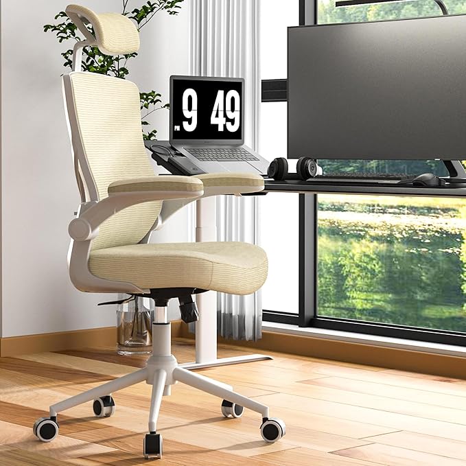 Ergonomic Office Chair with Adjustable Headrest & Lumbar Support - High Back Desk Chair with Flip-Up Arms, 360 Swivel Executive Computer Task Chair (Modern Beige)