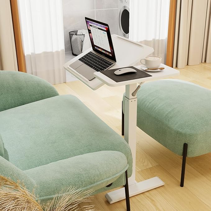 PUNCIA Height Adjustable Overbed Table with Pneumatic Lift and Wheels Split Top Tilting Tray and Rolling Laptop Desk – Bedside Cart for Reading Computer Work Study in Bedroom and Home Office