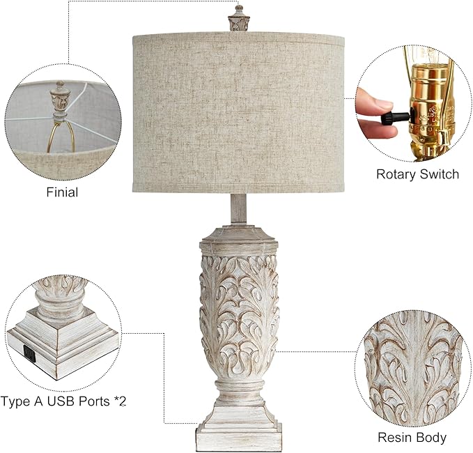 Set of 2 Farmhouse Table Lamps, 27.5'' Tall Rustic Bedside Lamps with USB Ports, Vintage Nightstand Lamp Leafwork White Resin Lamp with Rotary Switch for Living Room,Bedroom, End Table, Decor