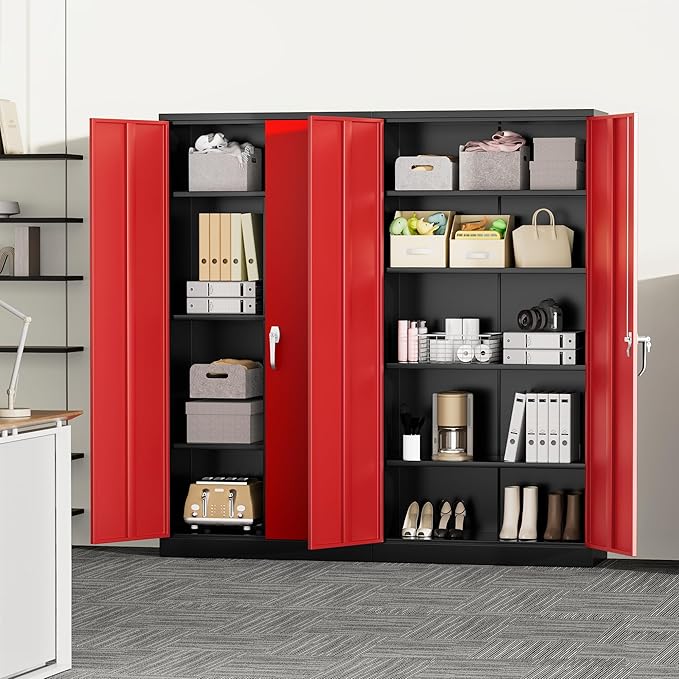 Greenvelly Metal Storage Cabinet with Doors and Adjustable Shelves,72" Black Red Locking Steel Garage Cabinet with Lock, Metal Tool Cabinets for Garage,Home Office,School