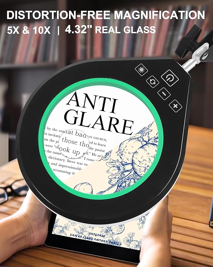 10X & 5X Magnifying Glass with Light, Ultra Long Swing Arm, 5 Colors & 10 Brightness, Real Glass Lens Large Magnifying Lamp for Craft Painting Workbench Jewelry Making Hobby Close Work (Green)