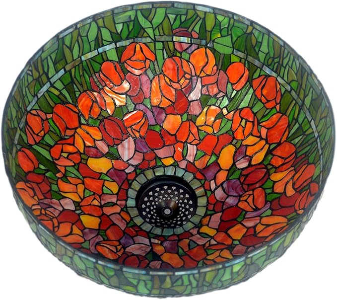 Tiffany Lamp Table Lamp Rose Dragonfly Tulip Wisteria Grape Peach Kapok Peony Apple Flower Design Stained Glass Lampshade Desk Lamp for Girl Living Room Iron Base W20 XH32,Tulip