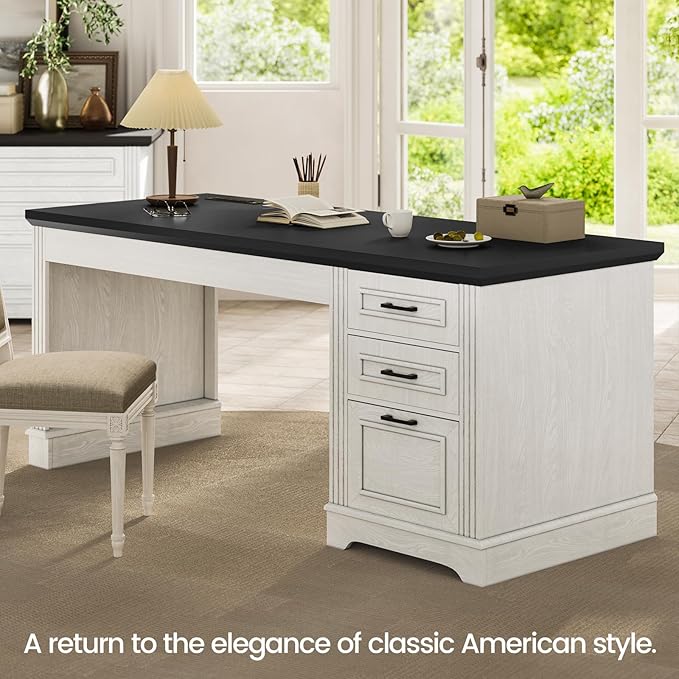 Itaar Farmhouse 55" Executive Desk, Computer Desk with Storage Drawers and Power Outlet, Home Office Desk, Workstation for Office Home, White