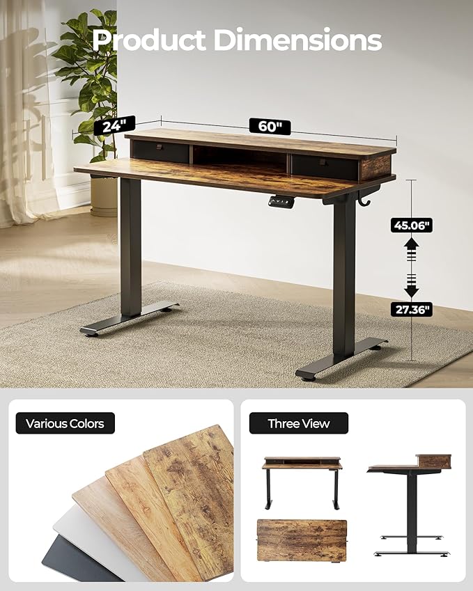 FEZIBO 60 x 24 Inch Height Adjustable Electric Standing Desk with Double Drawer,Computer Desk, Home Office Stand Up Table with 4 Height-Adjustable Feets & 2 Hooks, Rustic Brown