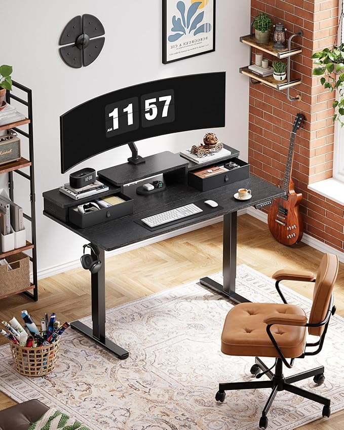 Marsail Electric Standing Desk with Drawers, 55″ x 28″ Height Adjustable Sit Stand Up Desk with Storage Shelf, Ergonomic Home Office & Computer Table with 4 Memory Heights, Black