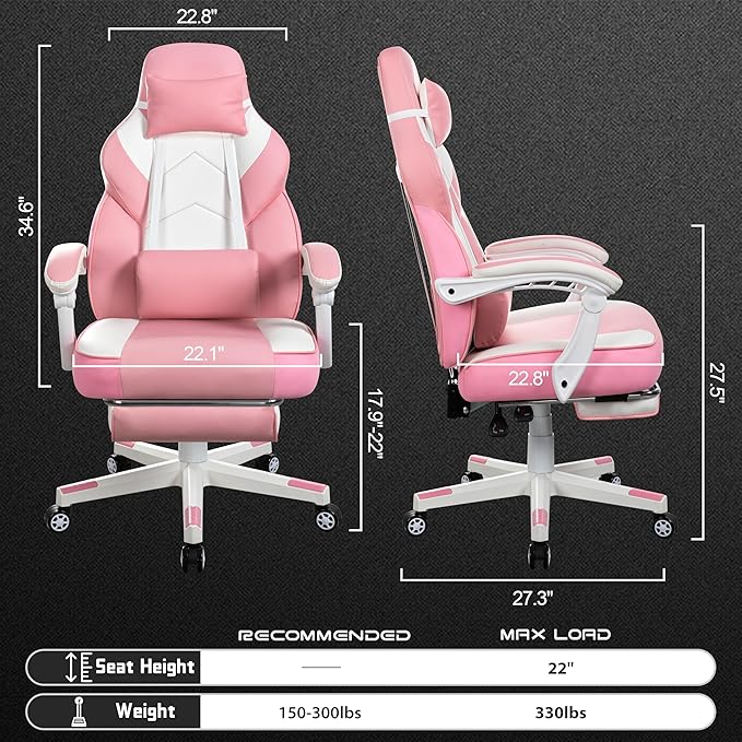 Meilocar Gaming Chair with Footrest, Video Game Chair for Adults Ergonomic Big and Tall Computer Chairs with Massage Lumbar Support 330lbs, 360° Swivel Seat (Pink)