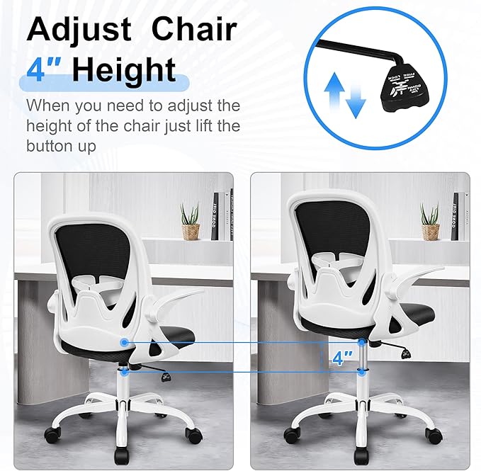 Primy Office Chair Ergonomic Desk Chair with Adjustable Lumbar Support and Height, Swivel Breathable Desk Mesh Computer Chair with Flip up Armrests for Conference Room(White)