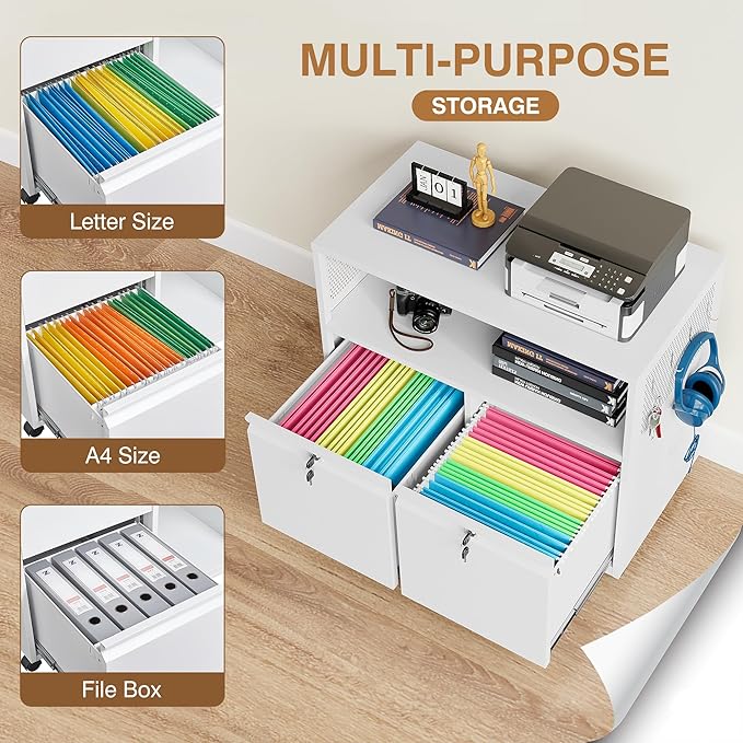 Mobile Filing Cabinet with Lock,Metal Lateral File cabinets Printer Stand with Storage Cabinets for Home Office,A4/F4/Letter (White)