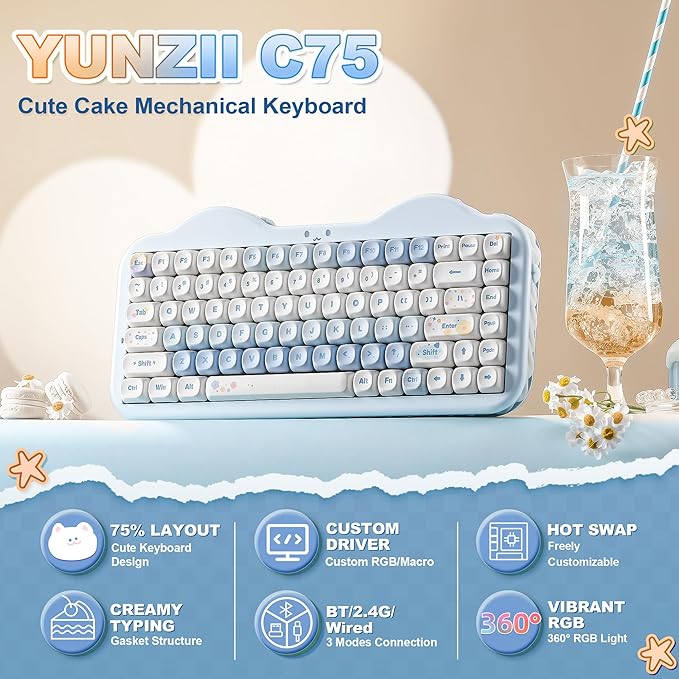 YUNZII C75 Wireless Mechanical Keyboard,75% Layout, Hot-Swappable NKRO,BT5.0/2.4G/USB-C Mode,Dye-Sub PBT MOA Keycaps,RGB Gasket Mount,Cute Cake Design for Mac/Win/Gaming (Blue, Candy Switch)