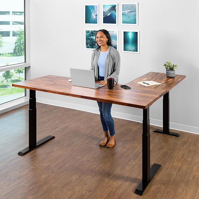 S STAND UP DESK STORE Triple Motor Electric L-Shaped Corner Standing Desk with EZ Assemble Frame (Black Frame/Solid Walnut Top, 71 inch W x 71 inch D)