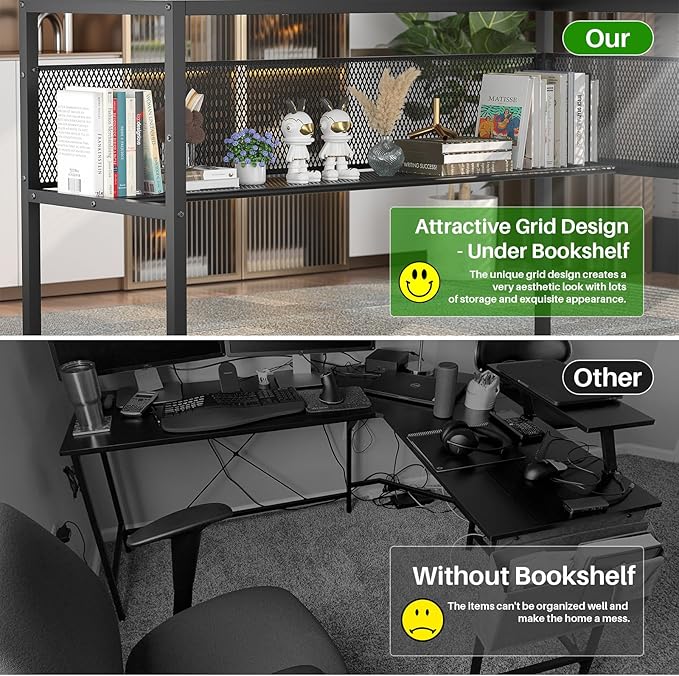 Unikito L Shaped Desk with LED Light and Power Outlet, Reversible Corner Computer Table with Monitor Stand and Storage Shelf, Modern L- Shaped Gaming Desk, Ergonomic Home Office Desk, Rustic Brown