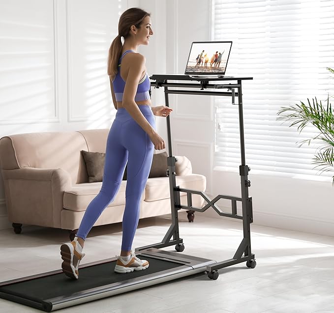 Treadmill Desk, 29.5-45.3 Inch Adjustable Height Small Standing Desk for Walking Pad, Portable Standing Table with a Cup Holder and a Hook for Home Office