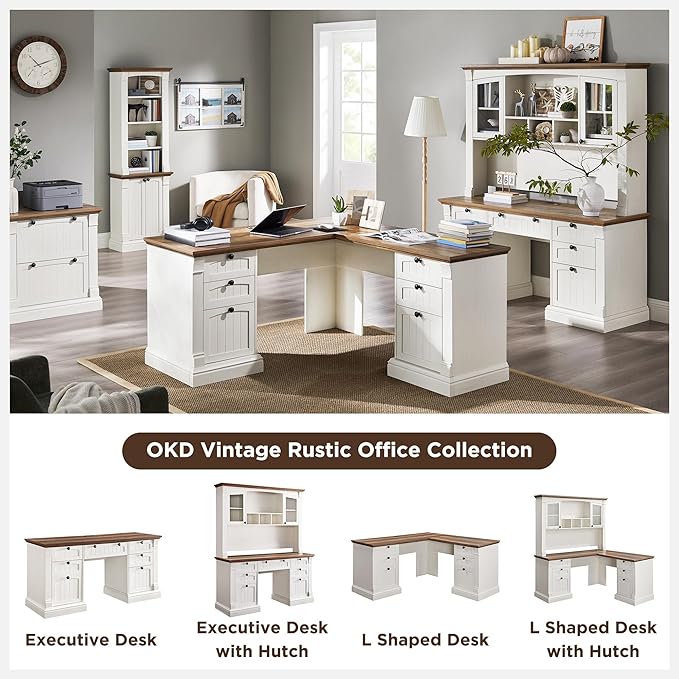 OKD 60" L Shaped Executive Desk with Hutch and Drawers, Farmhouse Home Office Desk with Charging Station, File Cabinet Storage, Wood Corner Computer Desk for Work and Study, Antique White