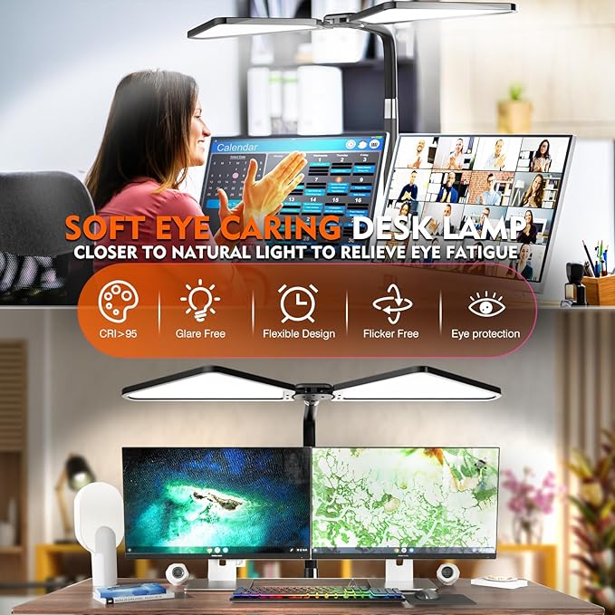 Ultra-Large Dual-Source Clamp-On Gooseneck Desk Lamp | Super Bright LED Study Light with Flexible Arms, 5 Brightness & 4 Color Modes for Home Office/Reading/Gift