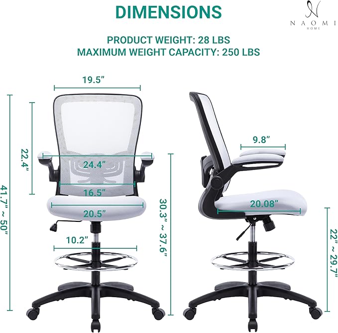 Serena Ergonomic Mesh Drafting Chair - Adjustable, Breathable Mesh, Lumbar Support, Ergonomic and Height Adjustable Flip-Top Office Chair with Foot Ring and Productivity - White