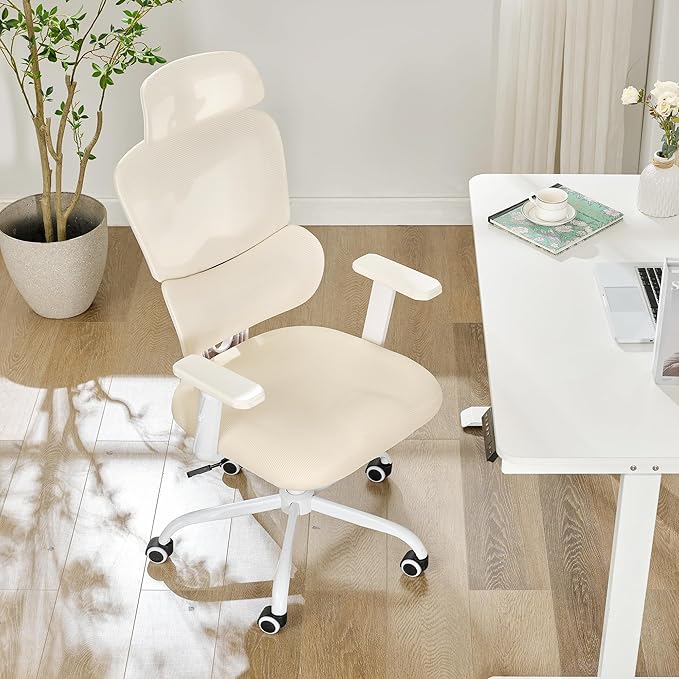 Ergonomic Office Chair,Home Mesh Office Desk Chairs,High Back Office Chair 330 LBS,Swivel Computer Chair with 2D Armrest,Adjustable Headrest,Lumbar Support,Rocking Function (Beige)