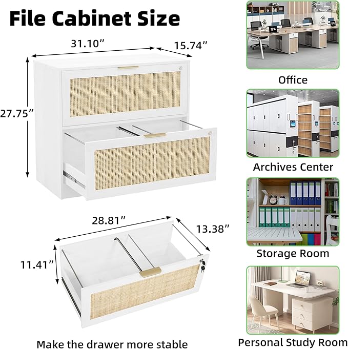 HOPUBUY 2 Drawer File Cabinet with Lock, Printer Stand Lateral Filing Cabinets for Home Office and School, Wood Rattan File Cabinet for Hanging Files/Letter/Legal/A4/F4 Size, White