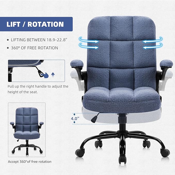 SEATZONE Blue Office Chair with Wheels,Ergonomic Home Office Computer Chair with Flip-up Armrest,Comfy Adjustable Rolling Chair Teddy Fleece