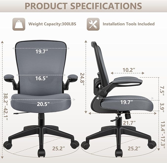 FelixKing Office Chair, Ergonomic Desk Chair Breathable Mesh Chairs Adjustable High Back Lumbar Support Flip-up Armrests, Executive Rolling Swivel Comfy Computer Chairs Home Office Slate Gray
