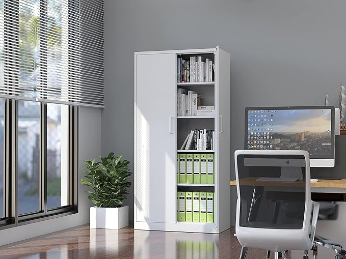 Metal Storage Cabinet-71” Tall Steel File Cabinets with Lockable Doors and Adjustable Shelves-White Steel Storage Cabinet for Home, School, Office, Garage