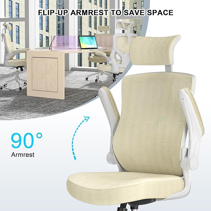 Ergonomic Office Chair with Adjustable Headrest & Lumbar Support - High Back Desk Chair with Flip-Up Arms, 360 Swivel Executive Computer Task Chair (Modern Beige)
