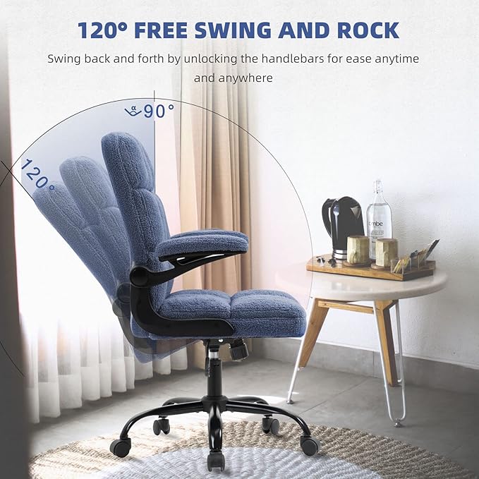 SEATZONE Blue Office Chair with Wheels,Ergonomic Home Office Computer Chair with Flip-up Armrest,Comfy Adjustable Rolling Chair Teddy Fleece