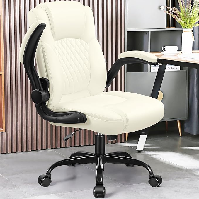 Leather Office Chair, PU Home Computer Desk Chairs with Ergonomic Back Support, 360° Swivel Free,Small Gmaing Chair with Wheels and Adjustable Armrests, for Short People Use, Cream