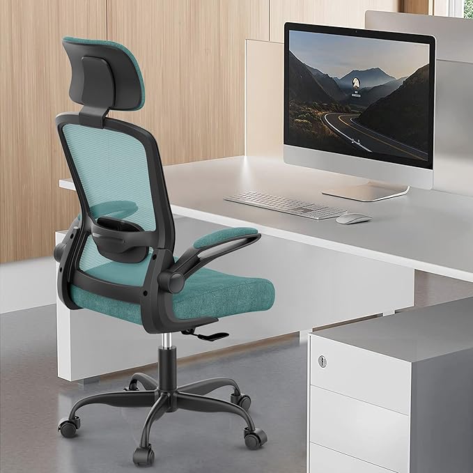 Ergonomic Office Chair for Long Hours & Back Pain Relief – Adjustable Lumbar Support & Headrest, High-Density Foam Cushion, Flip-Up Armrests, Perfect for Work & Study, Green