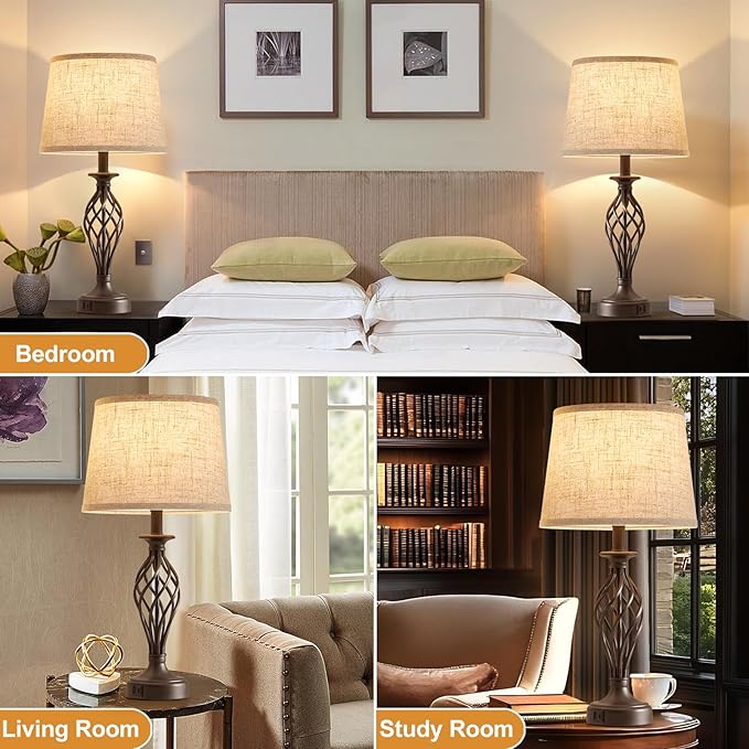 Table Lamp for Bedroom Set of 2 with USB C+A Ports - Modern Brown Bedside Lamps with Spiral Cage Base Fabric Shade - Nightstand Lamp for Living Room Reading Bed Side End Table 2 LED Bulbs Included