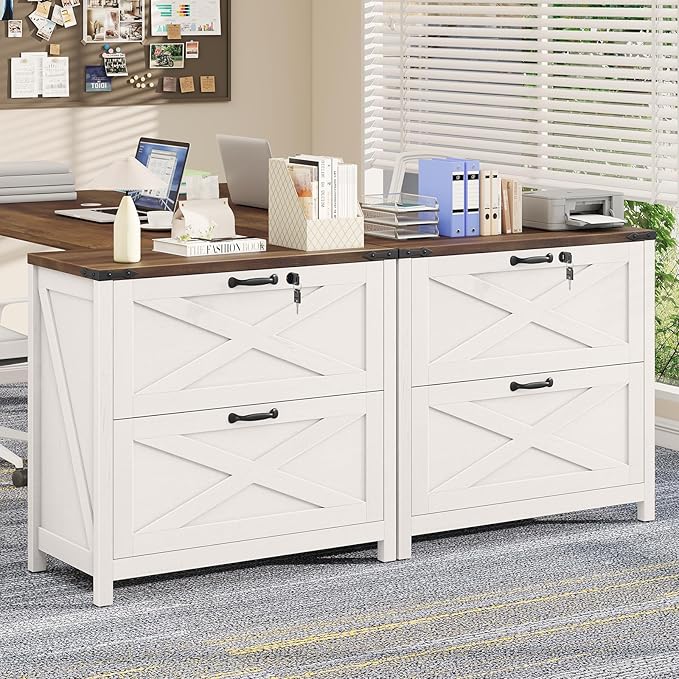 2 Drawer File Cabinet with Lock, Farmhouse Lateral Filing Cabinet Fits Letter/A4/F4/Legal Size, Wooden File Cabinets Printer Stand for Home Office, White