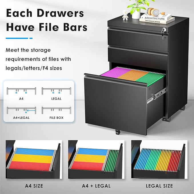 Greenvelly Mobile File Cabinet, 3 Drawer Metal Filing Cabinet on Wheels, Under Desk File Cabinet for Home Office Organizer Letter/Legal/A4 File (Black)