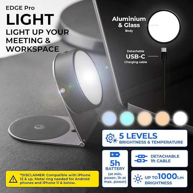 Rolling Square Edge Pro Full Kit - Mount for Mobile Magnetic Phone Holder, Stand & Magnetic Wireless Charger, 1000 Lumen Light, Space Gray