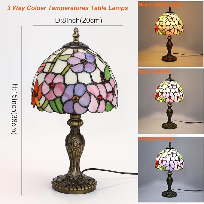 Tiffany Small Table Lamp 3 Color Temperatures Plum Blossom Flower Stained Glass Table Lamps for Living Room Bedroom Bedside Nightstand Home Office Desk Light W/LED Bulb 8X8X15Inch