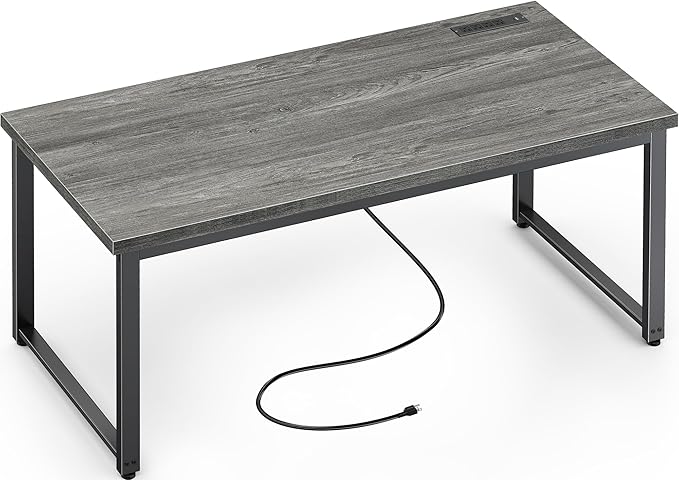 Huuger 55 x 24 inch Desk with Power Outlets & USB-C, Deeper & Thicker Desktop, Robust Metal Tubes, Computer Desk, Heavy Duty Office Desk, Work Gaming Desk for Home Office, Grey