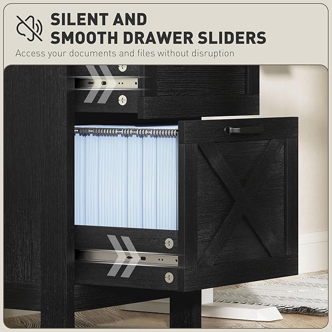 HOMCOM 3 Drawer File Cabinet with Silent Slides, Vertical Filing Cabinet for Hanging A4/Letter Size, Rustic Farmhouse Printer Stand with Storage for Home Office, Distressed Black